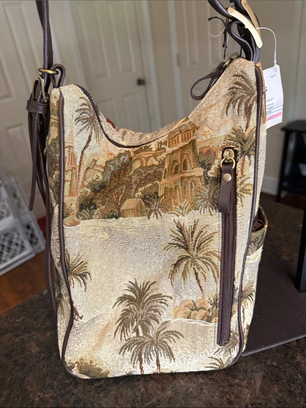 Vintage Bueno Cream and Brown Woven Tapestry Hobo/ Backpack Bag